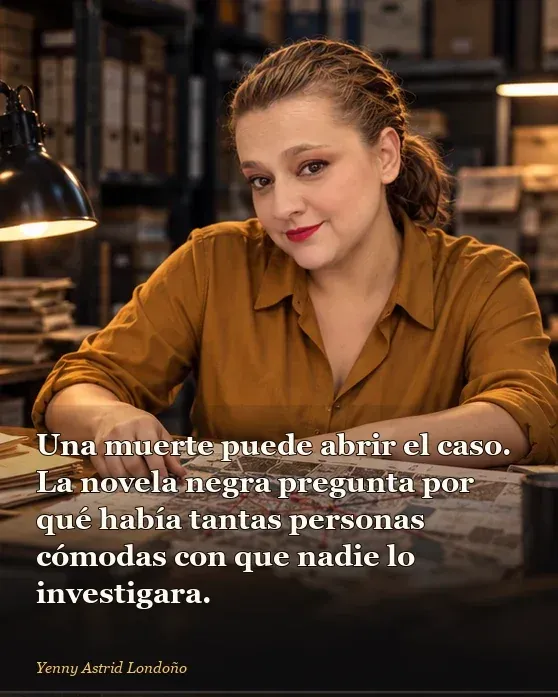 Imagen del artículo «Mejores novelas negras para empezar: ocho crímenes y ninguna promesa de que vas a dormir tranquila», escrito por Yenny Astrid Londoño. Yenny observa un mapa de relaciones y un expediente; frase: “Una muerte puede abrir el caso. La novela negra pregunta