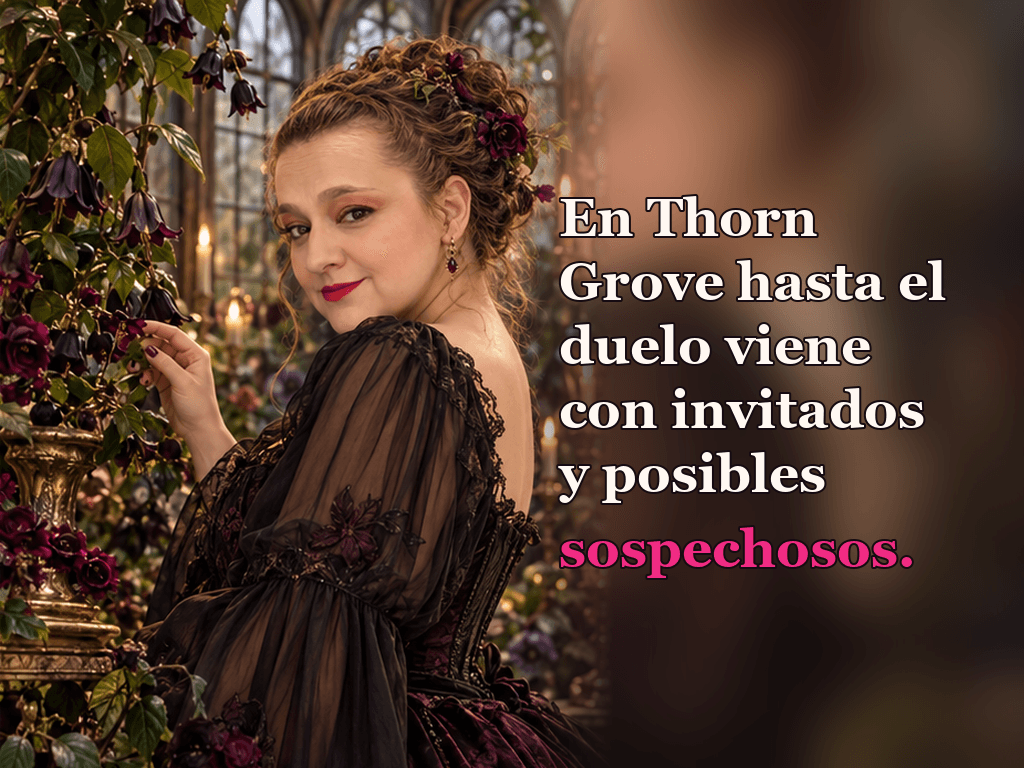Imagen de la reseña del libro «Belladonna», escrita por Yenny Astrid Londoño. Ilustración de Belladonna, de Adalyn Grace, con un texto superpuesto: «En Thorn Grove hasta el duelo viene con invitados y posibles sospechosos».