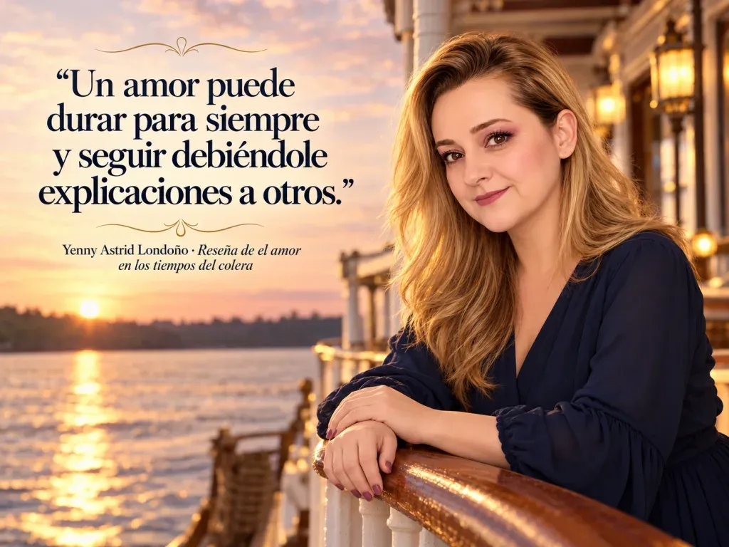 Imagen de la reseña del libro «El amor en los tiempos del cólera», escrita por Yenny Astrid Londoño. Yenny Astrid Londoño en una imagen editorial con la frase del libro sobre Un amor puede durar para siempre y seguir debiéndole explicaciones a otros.