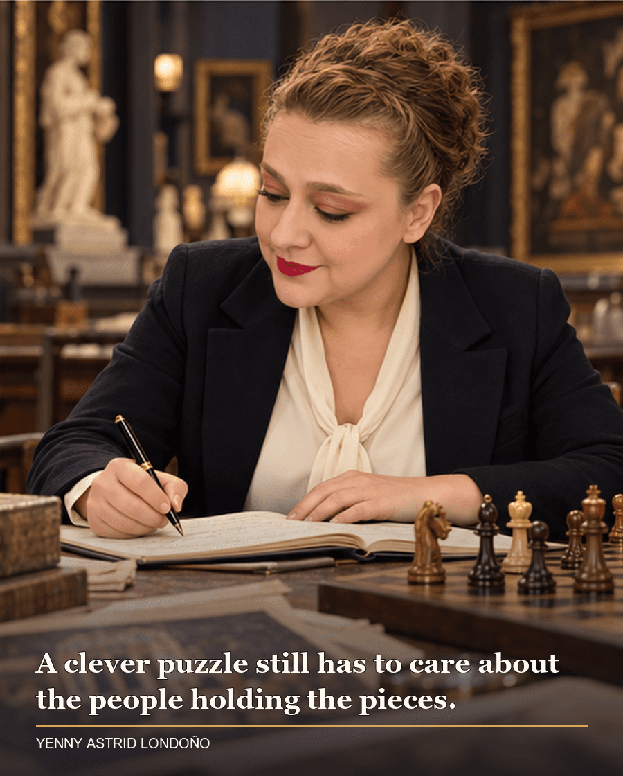 Image from Yenny Astrid Londoño’s review of “The Flanders Panel”. Yenny beside a chessboard and investigation notes, considering the people behind the mystery. Text: A clever puzzle still has to care about the people holding the pieces.