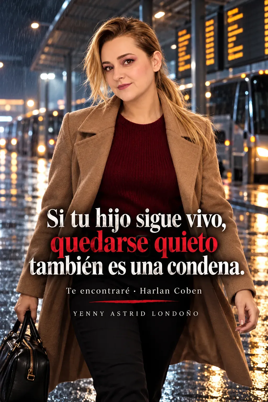 Yenny con abrigo camel y suéter granate camina por una terminal lluviosa llevando un bolso; frase sobre buscar a un hijo que podría seguir vivo.
