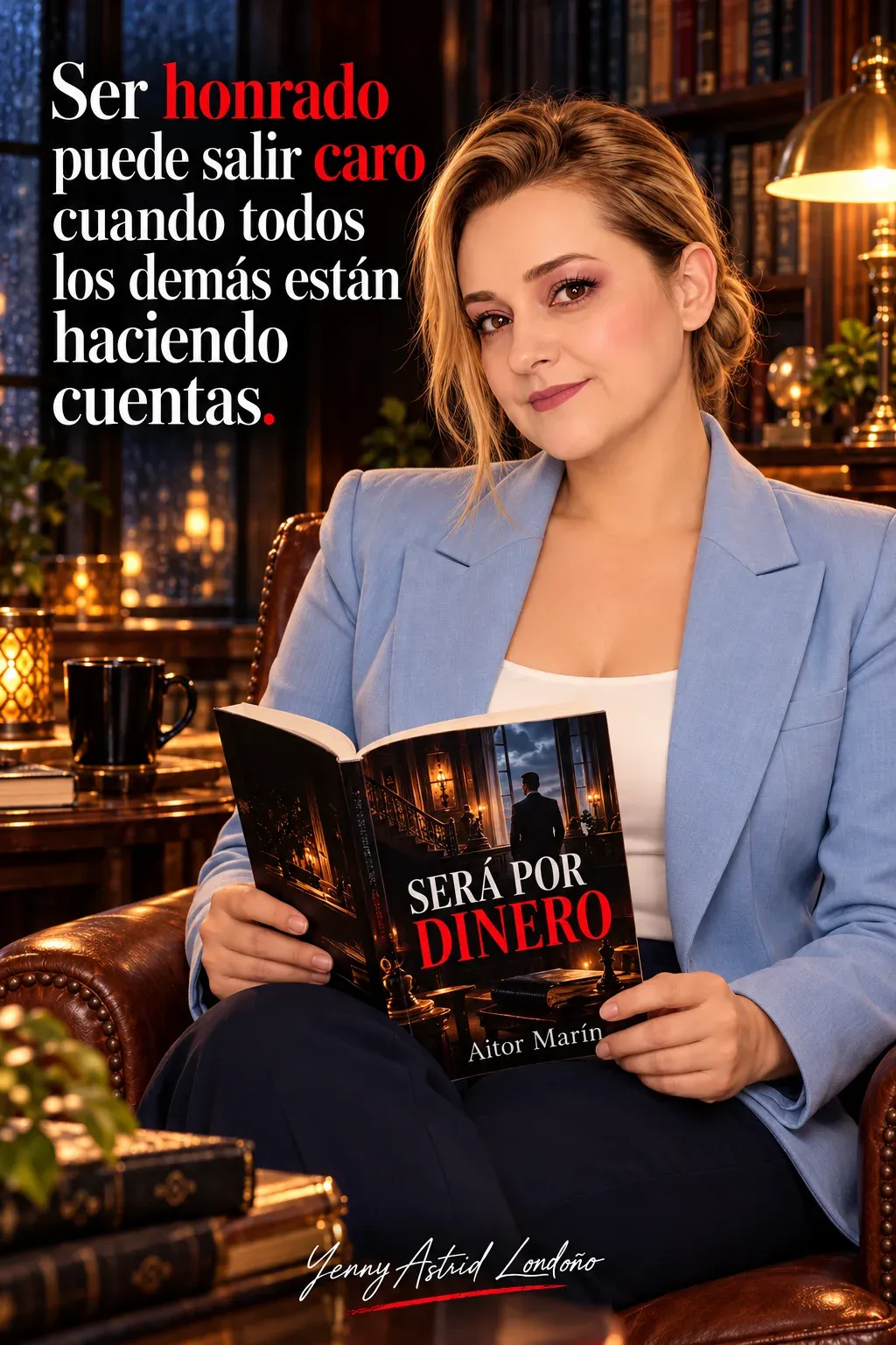 Yenny con moño bajo y chaqueta azul claro, leyendo Será por dinero con ambas manos en una biblioteca; frase del libro sobre honradez y cuentas.