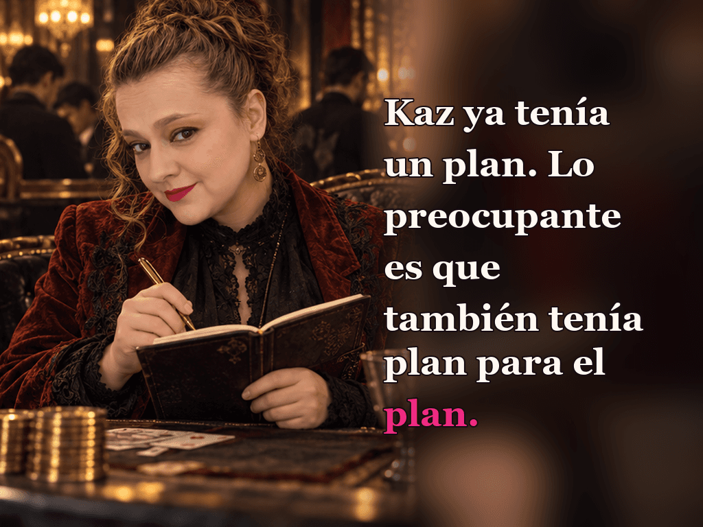 Imagen de la reseña del libro «Seis de cuervos», escrita por Yenny Astrid Londoño. Ilustración de Seis de cuervos, de Leigh Bardugo, con un texto superpuesto: «Kaz ya tenía un plan. Lo preocupante es que también tenía plan para el plan».