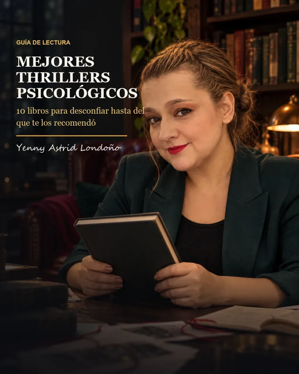 Portada del artículo «Mejores thrillers psicológicos que realmente enganchan: diez libros para desconfiar hasta del que te los recomendó», escrito por Yenny Astrid Londoño. Yenny Astrid Londoño lee un libro en una biblioteca de suspenso; portada con el título “Mejores thrillers.