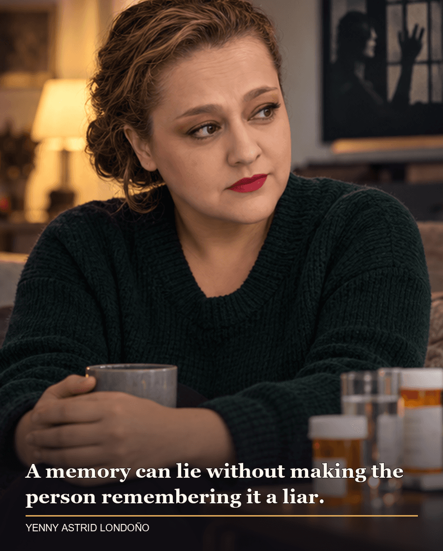 Image from Yenny Astrid Londoño’s review of “The Woman in the Window”. Yenny in a softly lit apartment with film posters and medicine bottles blurred behind her. Text: A memory can lie without making the person remembering it a liar.