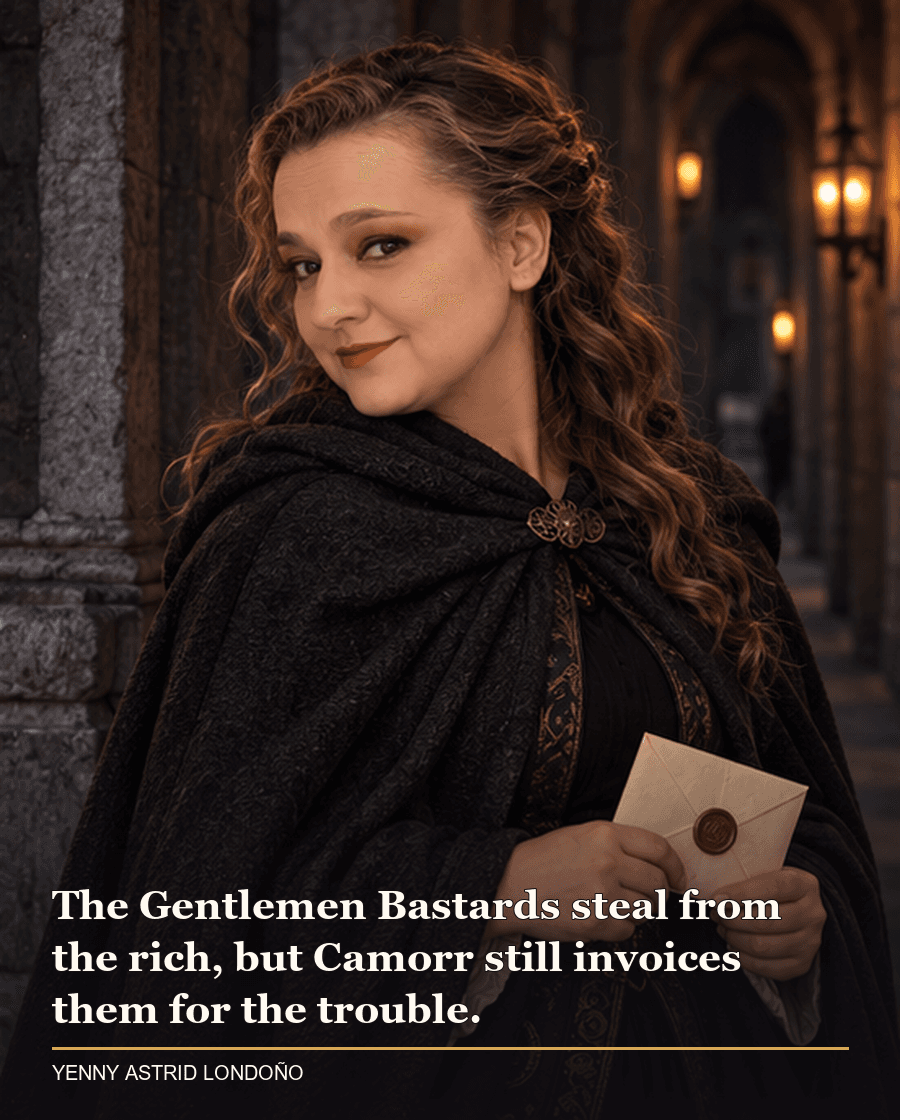 Image from Yenny Astrid Londoño’s review of “The Lies of Locke Lamora”. Yenny in a charcoal cloak in a shadowy stone corridor holding a closed envelope. Text: The Gentlemen Bastards steal from the rich, but Camorr still invoices them for the trouble.