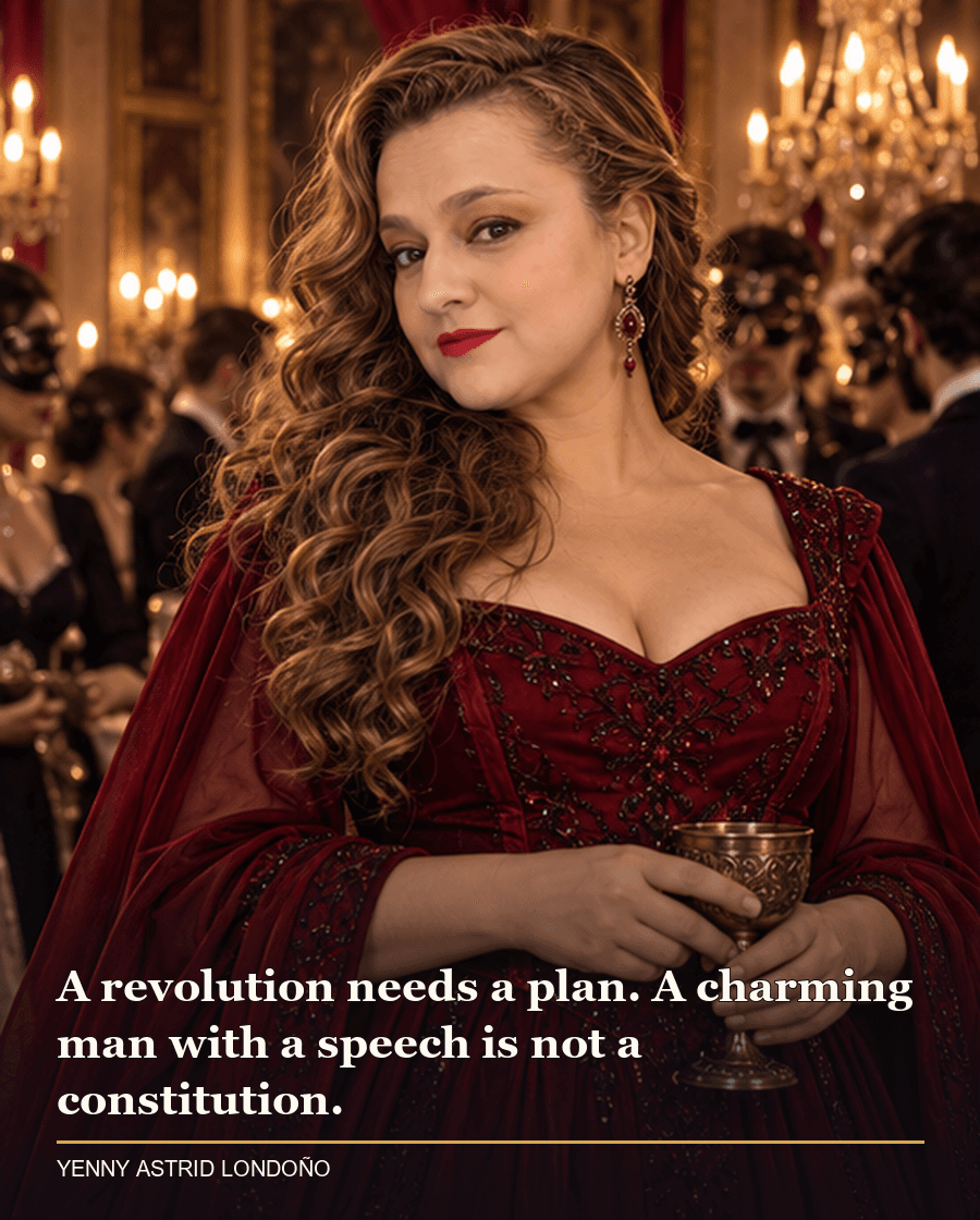 Image from Yenny Astrid Londoño’s review of “Mistborn: The Final Empire”. Yenny in a deep red evening gown at an opulent masked ball, observing the room without a mask. Text: A revolution needs a plan. A charming man with a speech is not a constitution.