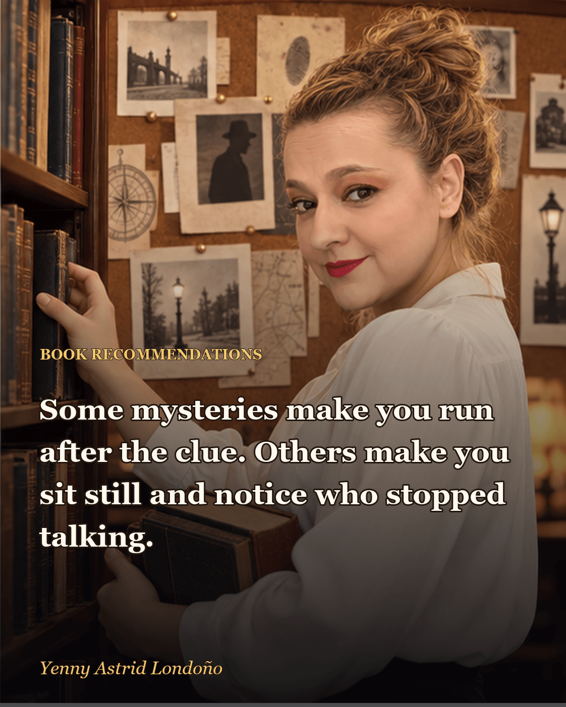 Image from “Best Mystery Books You Cannot Put Down: Eight Cases Worth Reading Suspiciously,” written by Yenny Astrid Londoño. Yenny putting away a magnifying glass before reading a mystery under a warm lamp.