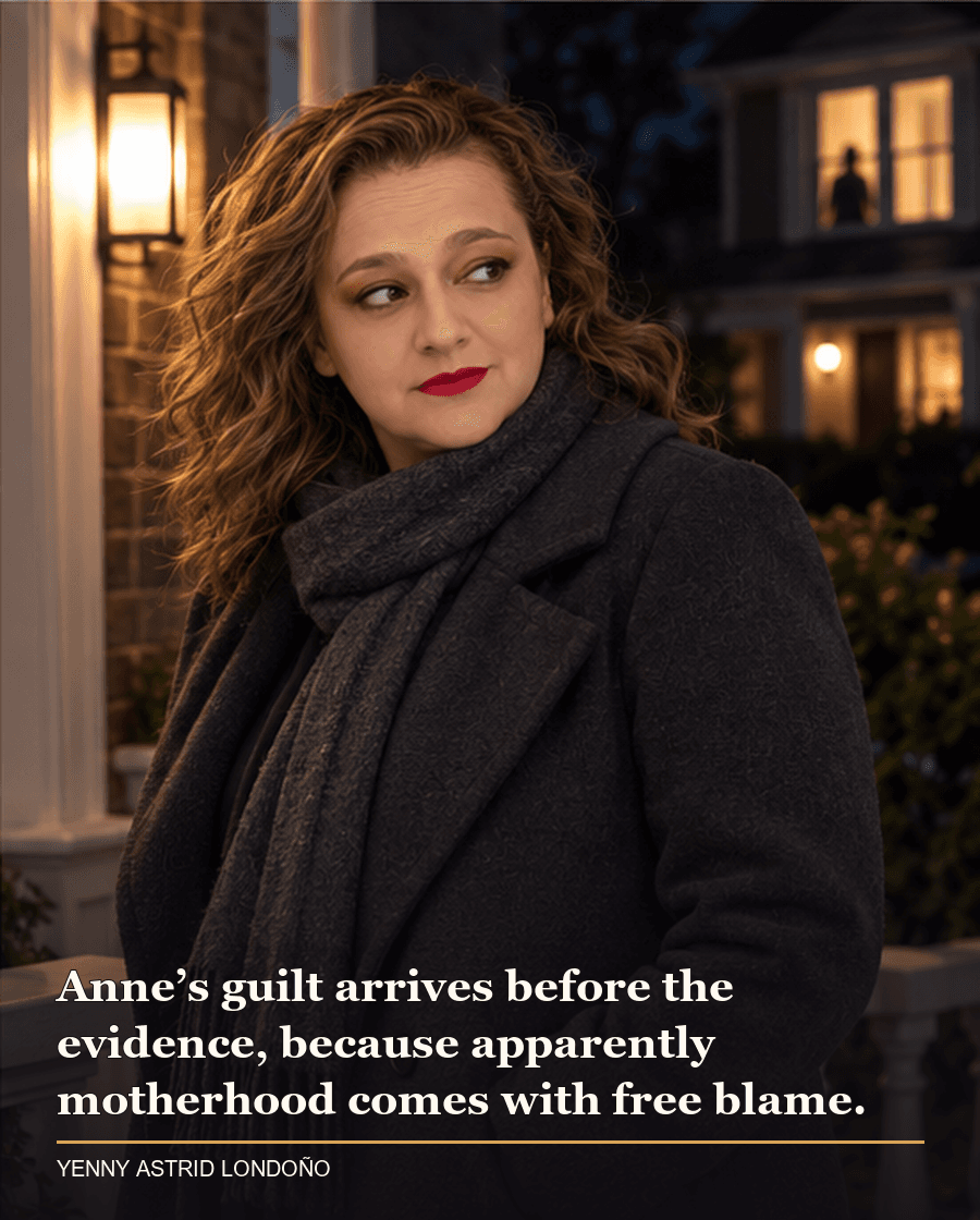 Image from Yenny Astrid Londoño’s review of “The Couple Next Door”. Yenny on a dark front porch looking toward a neighboring house, reflecting on Anne’s guilt. Text: Anne’s guilt arrives before the evidence, because apparently motherhood comes with free blame.