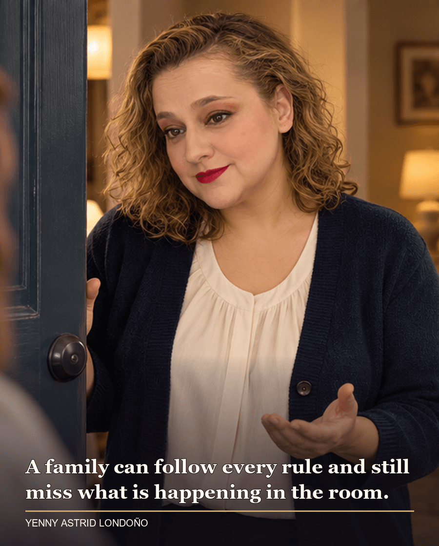 Image from Yenny Astrid Londoño’s review of “The Nanny”. Yenny considering a household rule beside a baby monitor and notebook. Text: Care is not the same as control, even when fear insists they are twins.