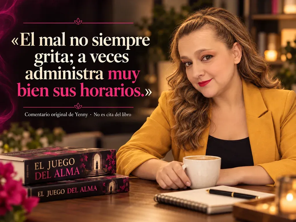 Imagen de la reseña del libro «El juego del alma», escrita por Yenny Astrid Londoño. Ilustración de El juego del alma, de Javier Castillo, con un texto superpuesto: «El mal no siempre grita; a veces administra muy bien sus horarios».