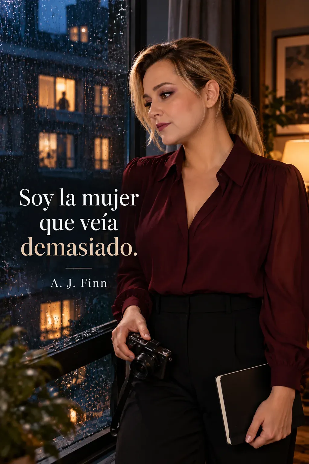 Yenny Astrid Londoño con una cámara y una libreta, mirando por una ventana con lluvia, con una frase de A. J. Finn de La mujer en la ventana.