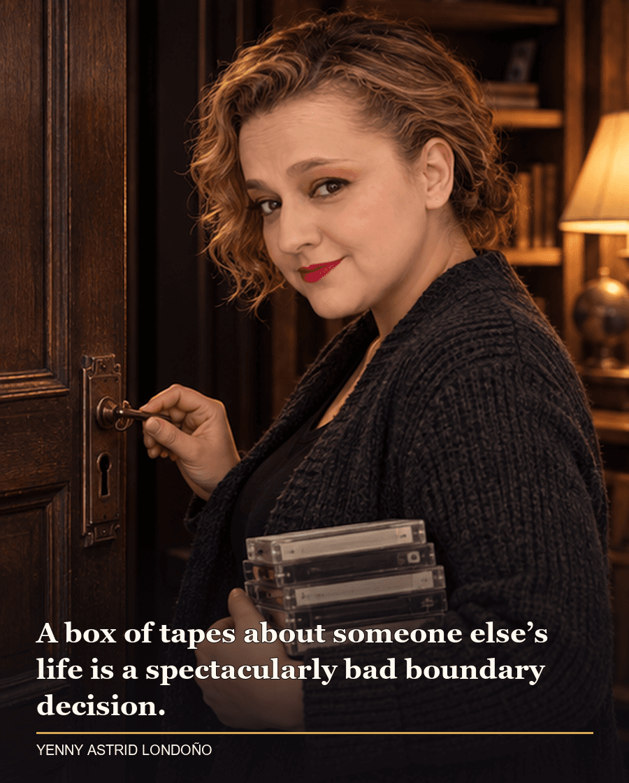 Image from Yenny Astrid Londoño’s review of “Never Lie”. Yenny in a charcoal knit outfit beside a locked study door and a stack of cassette tapes. Text: A box of tapes about someone else’s life is a spectacularly bad boundary decision.