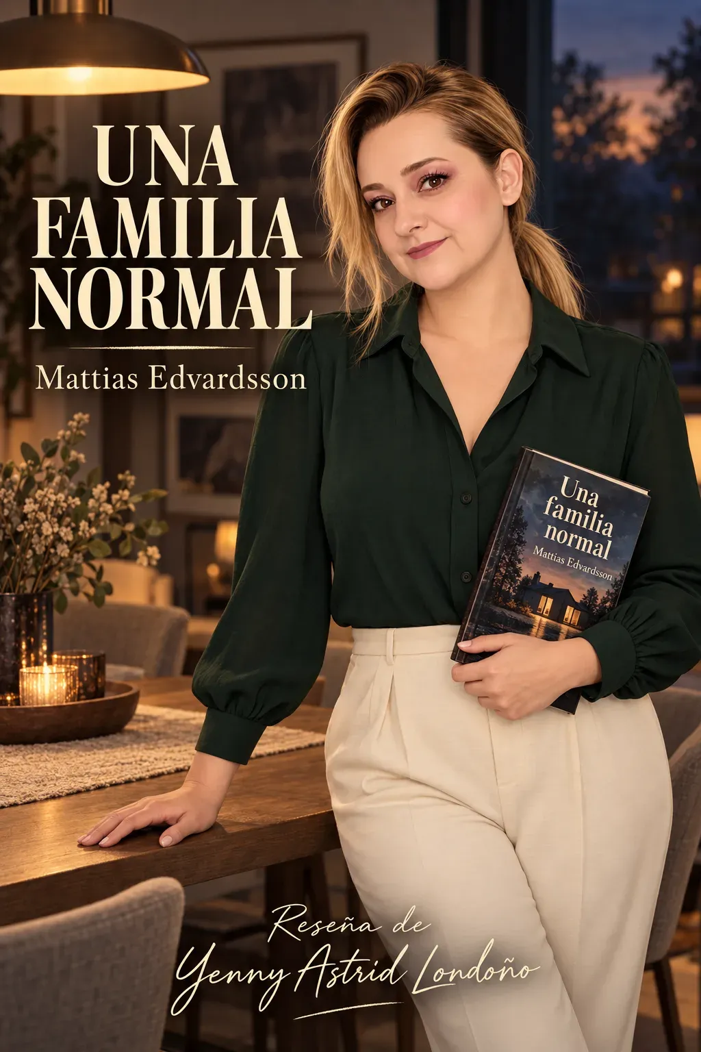 Yenny con blusa verde bosque y pantalón crema junto a una mesa de comedor al atardecer; sostiene un libro artístico de Una familia normal y apoya la otra mano en la mesa.