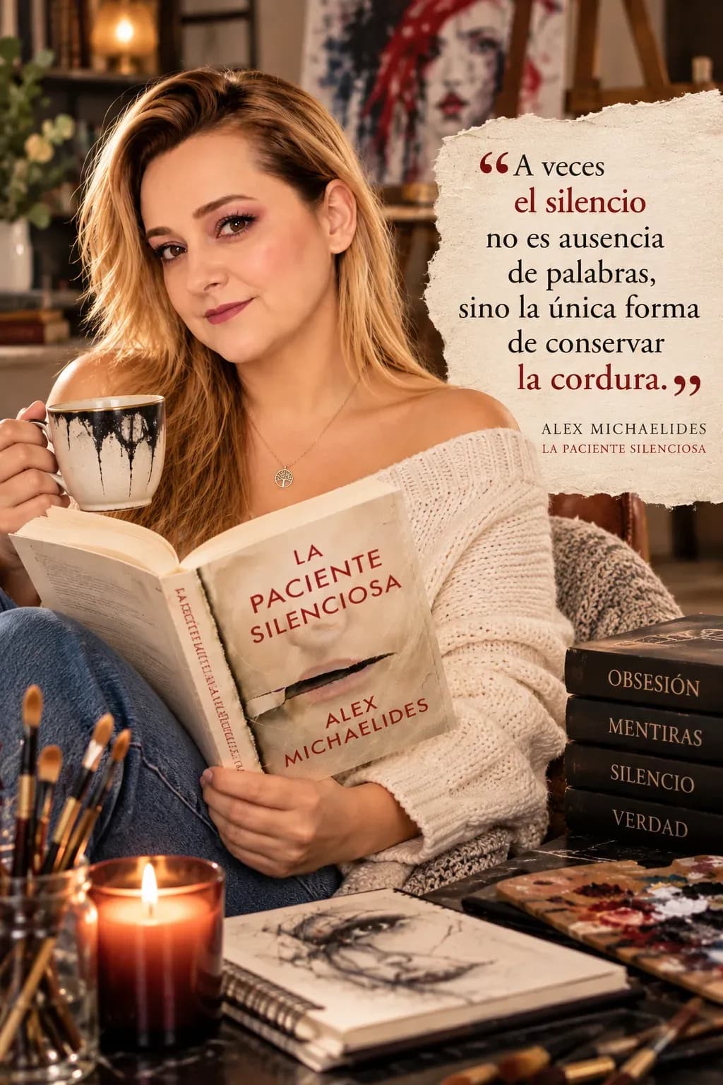 Yenny Astrid Londoño leyendo La paciente silenciosa junto a pinceles y una vela.