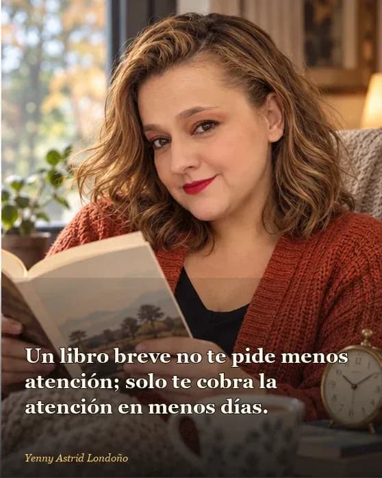 Imagen del artículo «Libros cortos para leer en un fin de semana: ocho historias sin mudanza literaria», escrito por Yenny Astrid Londoño. Yenny lee una novela corta junto a un reloj de mesa y una taza, aprovechando una mañana tranquila.