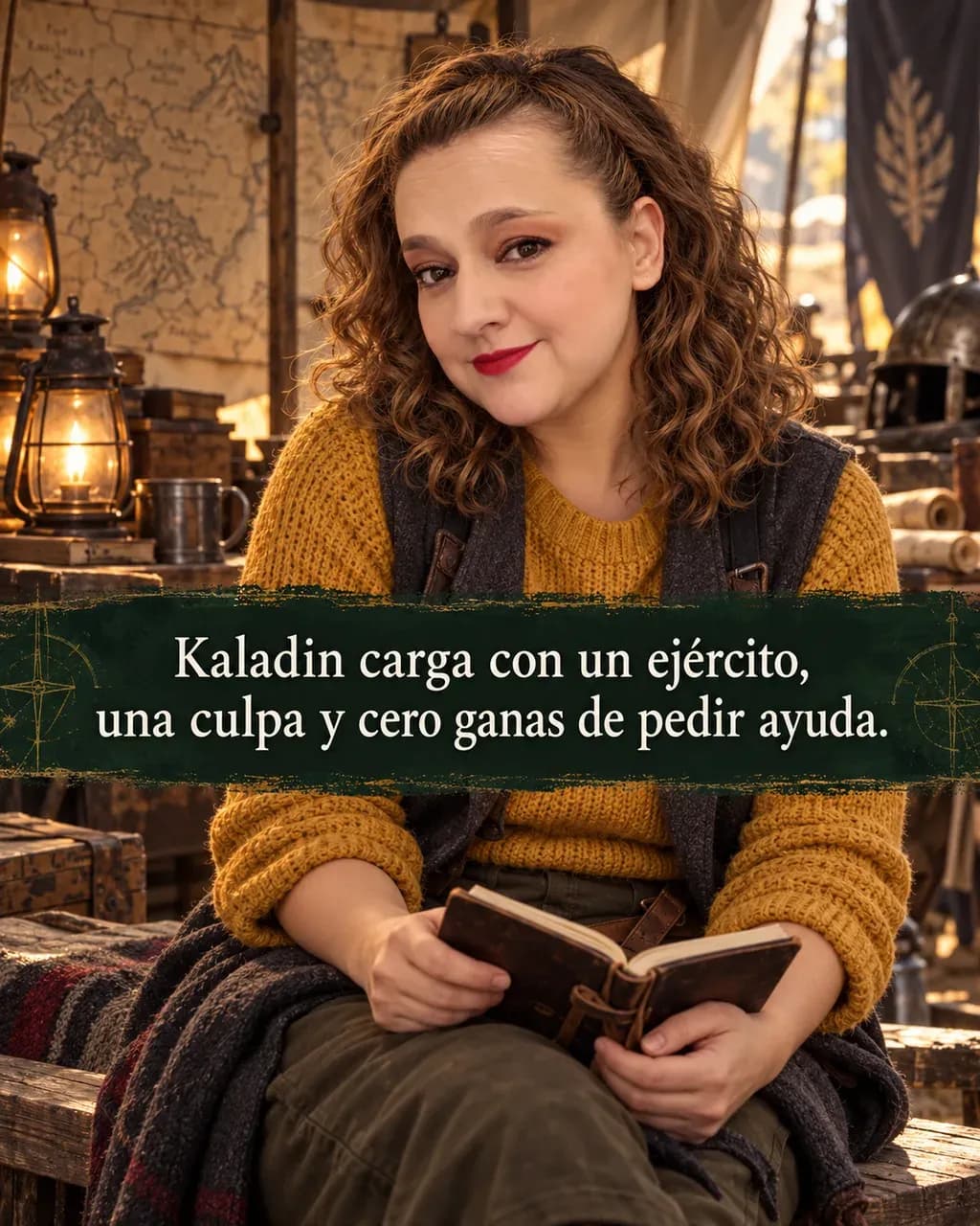 Imagen de la reseña del libro «El camino de los reyes», escrita por Yenny Astrid Londoño. Ilustración de El camino de los reyes, de Brandon Sanderson, con un texto superpuesto: «Kaladin carga con un ejército, una culpa y cero ganas de pedir ayuda».