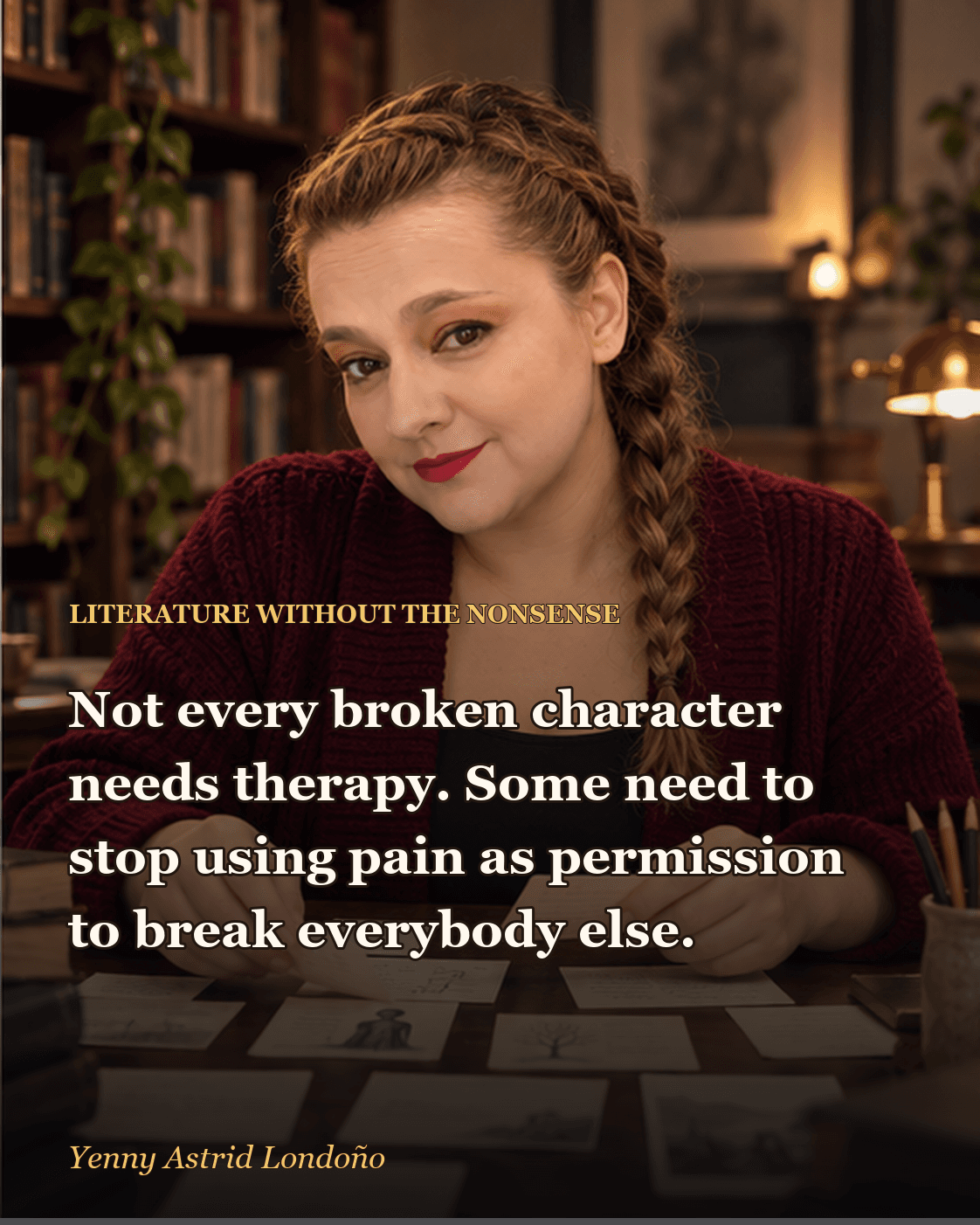 Image from “Literary Characters Who Urgently Needed Therapy—and Others Who Needed to Stop Hurting People,” written by Yenny Astrid Londoño. Yenny underlining a thriller beside notes about warning signs in fictional characters.