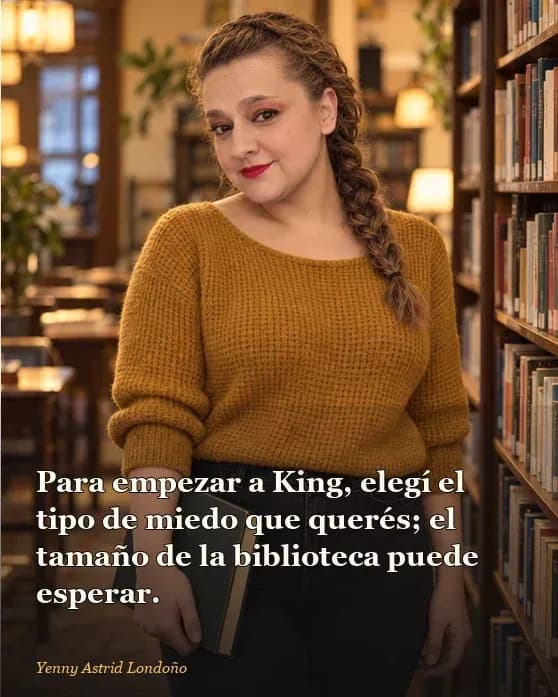 Imagen del artículo «Mejores libros de Stephen King para empezar: ocho puertas sin obligarte a leerlos todos», escrito por Yenny Astrid Londoño. Yenny elige una novela bajo una luz de proyector en una biblioteca tranquila; frase: “Para empezar a King, elegí el