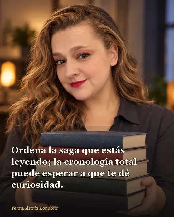 Imagen del artículo «Orden de los libros de Brandon Sanderson para principiantes: primero la saga, luego el mapa», escrito por Yenny Astrid Londoño. Yenny revisa una ruta de libros en una hoja con flechas, separadores y un libro abierto al inicio.