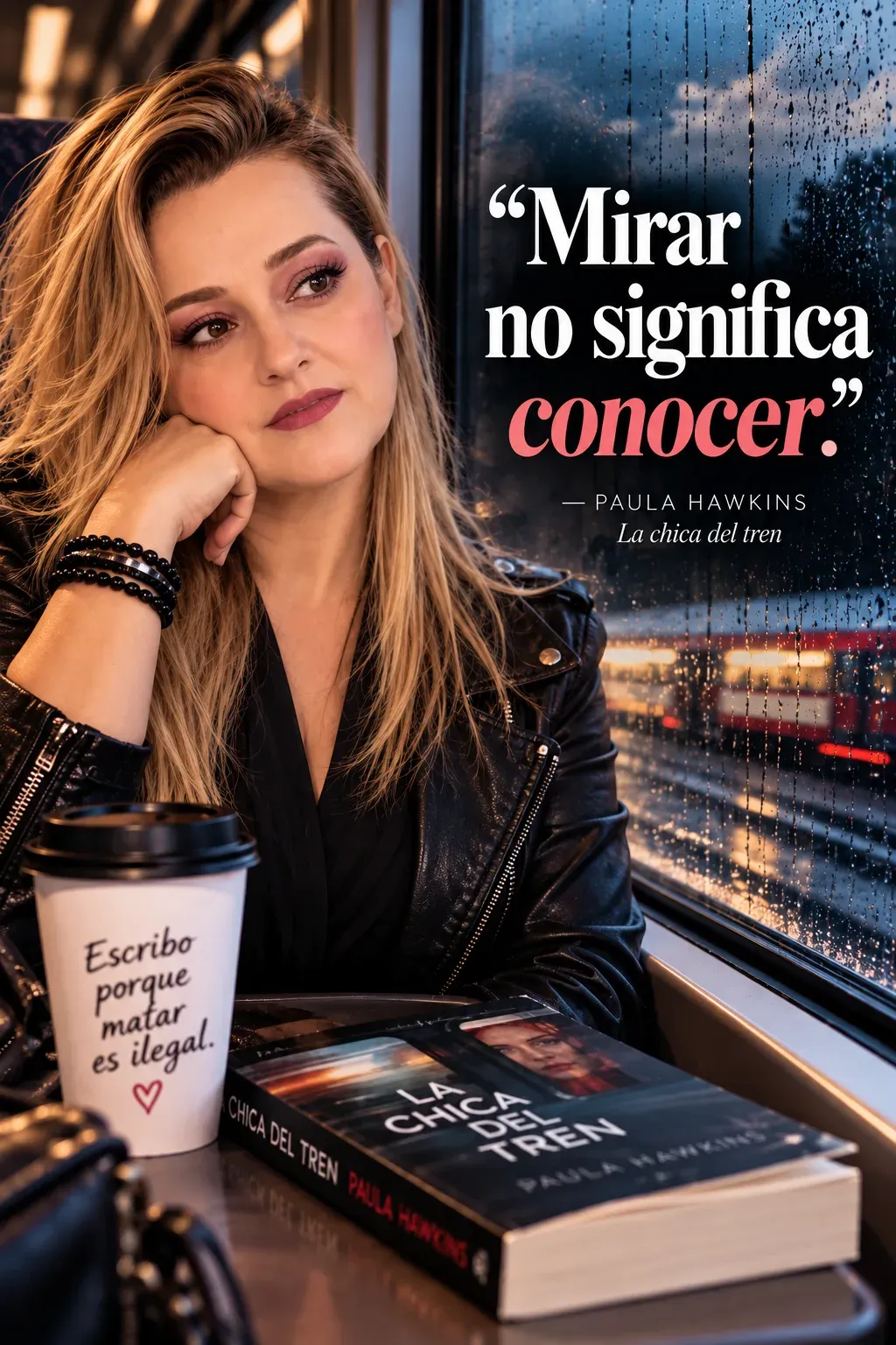 Yenny Astrid Londoño con una chaqueta de cuero junto a la ventana de un tren con lluvia, con La chica del tren, de Paula Hawkins, y un vaso de café sobre la mesa, con un texto superpuesto en la imagen.