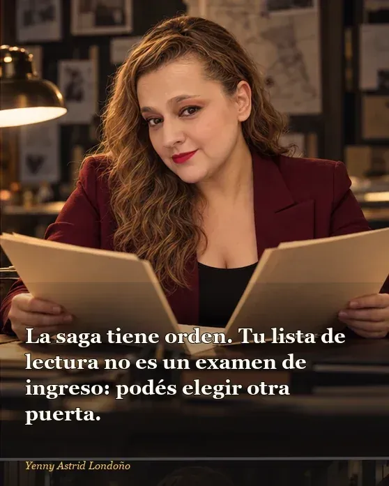 Imagen del artículo «Libros de Carmen Mola: en qué orden leer a Elena Blanco y por cuál novela empezar», escrito por Yenny Astrid Londoño. Yenny ordena cinco carpetas por número en una mesa y aparta otras tres; frase: “La saga tiene orden. Tu lista de