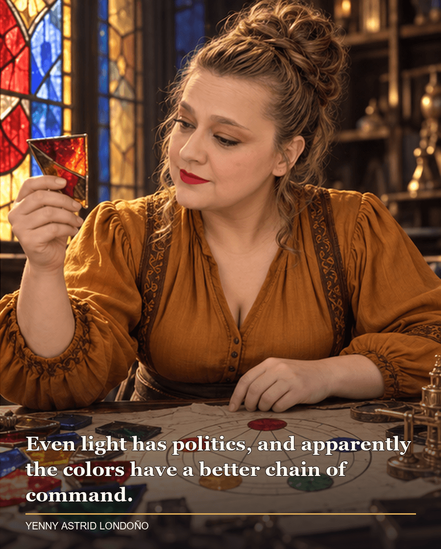 Image from Yenny Astrid Londoño’s review of “The Black Prism”. Yenny examining stained glass and a color-coded magic diagram on a table. Text: Even light has politics, and apparently the colors have a better chain of command.