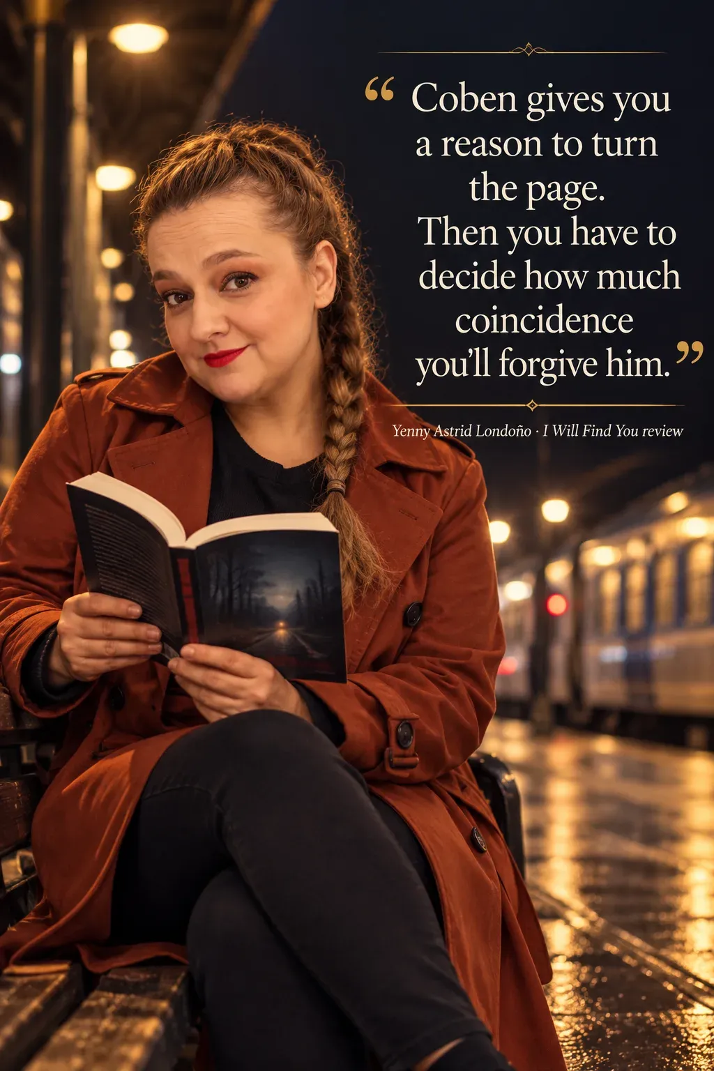 Image from Yenny Astrid Londoño’s review of “I Will Find You”. Yenny in a rust trench coat reading on a night train platform. Text: Coben gives you a reason to turn the page. Then you have to decide how much coincidence you'll forgive him.