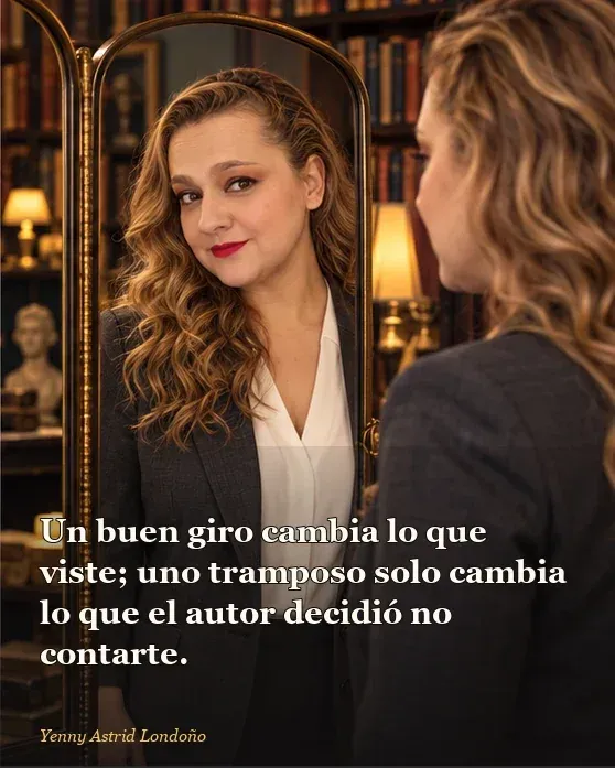 Imagen del artículo «Libros con giros inesperados que sí valen la pena: sorpresas sin destripar el final», escrito por Yenny Astrid Londoño. Yenny observa dos versiones de una misma escena reflejadas en un espejo de biblioteca.