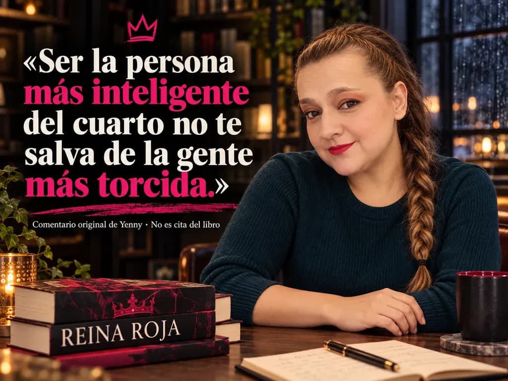 Imagen de la reseña del libro «Reina Roja», escrita por Yenny Astrid Londoño. Ilustración de Reina Roja, de Juan Gómez-Jurado, con un texto superpuesto: «Ser la persona más inteligente del cuarto no te salva de la gente más torcida».