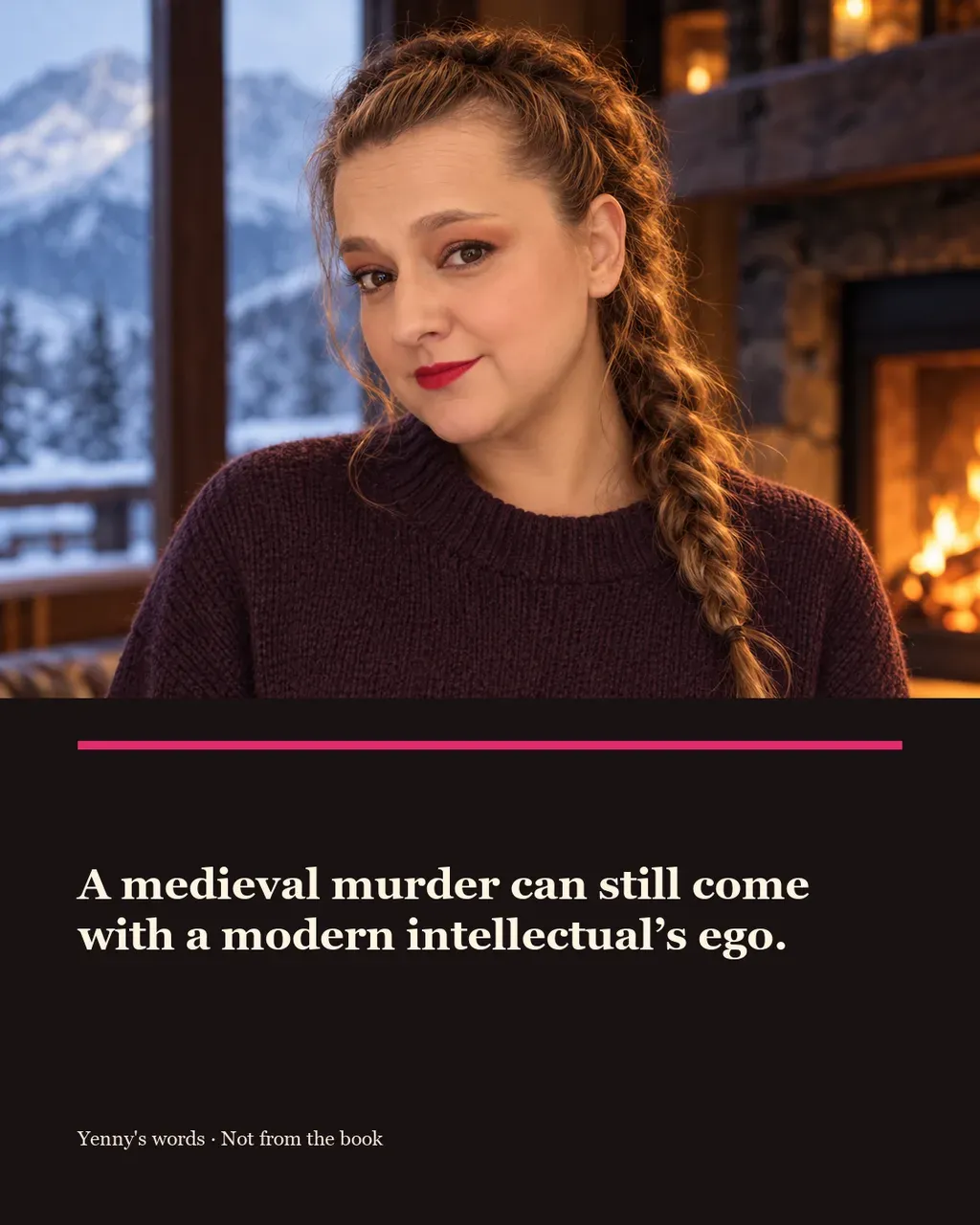 Image from Yenny Astrid Londoño’s review of “The Name of the Rose”. Illustration of El nombre de la rosa, by Umberto Eco, with overlaid text: «A medieval murder can still come with a modern intellectual's ego.»