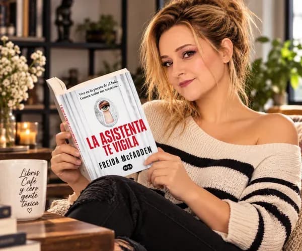 Yenny Astrid Londoño con La asistenta te vigila, de Freida McFadden, y una taza.