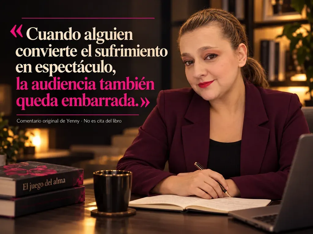 Imagen de la reseña del libro «El juego del alma», escrita por Yenny Astrid Londoño. Ilustración de El juego del alma, de Javier Castillo, con un texto superpuesto: «Cuando alguien convierte el sufrimiento en espectáculo, la audiencia también queda embarrada».