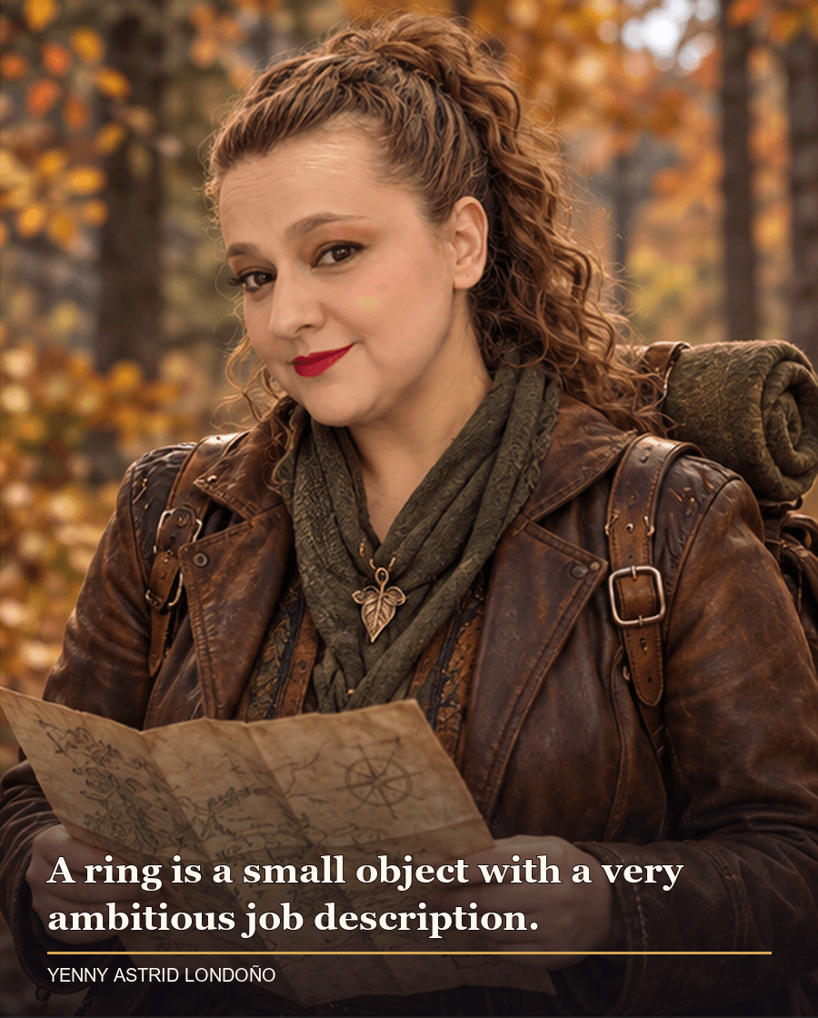 Image from Yenny Astrid Londoño’s review of “The Fellowship of the Ring”. Yenny in a brown wool jacket walking through an ancient forest with a map held at waist level. Text: A ring is a small object with a very ambitious job description.