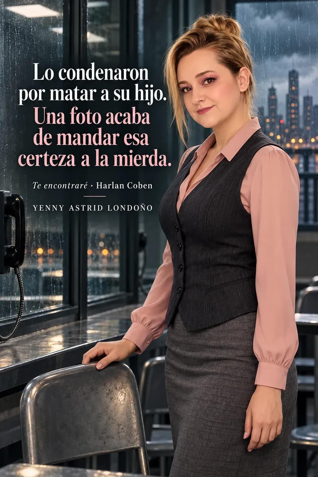 Yenny con chaleco gris y blusa rosa en una sala de visitas bajo la lluvia; frase sobre una fotografía que cuestiona la condena de un padre.