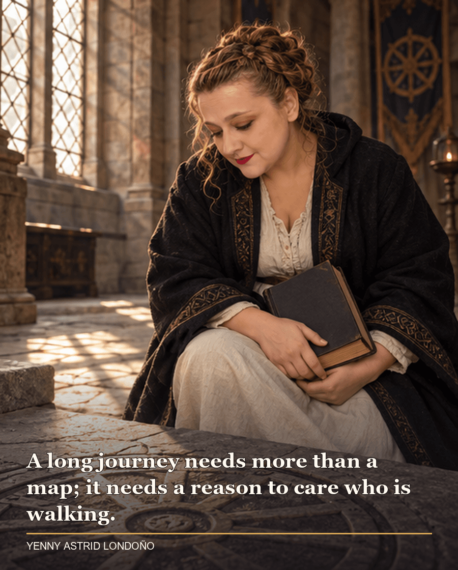 Image from Yenny Astrid Londoño’s review of “The Eye of the World”. Yenny in a cream tunic and dark coat in an old stone hall beside a wheel-shaped floor pattern. Text: A long journey needs more than a map; it needs a reason to care who is walking.
