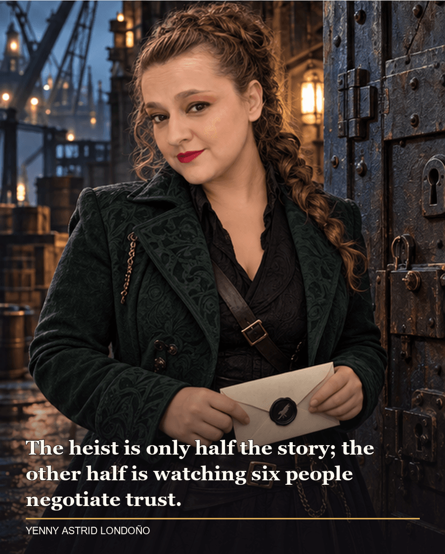 Image from Yenny Astrid Londoño’s review of “Six of Crows”. Yenny in a forest-green jacket in a harbor warehouse holding a sealed envelope beside a locked door. Text: The heist is only half the story; the other half is watching six people negotiate trust.