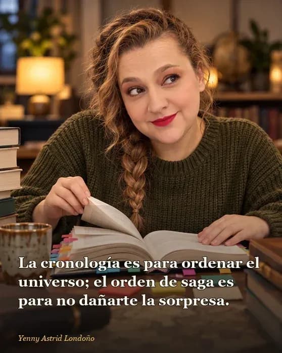 Imagen del artículo «Orden de los libros de Brandon Sanderson para principiantes: primero la saga, luego el mapa», escrito por Yenny Astrid Londoño. Yenny coloca un libro al principio de la fila y deja a un lado una cronología extensa que podrá consultar después.