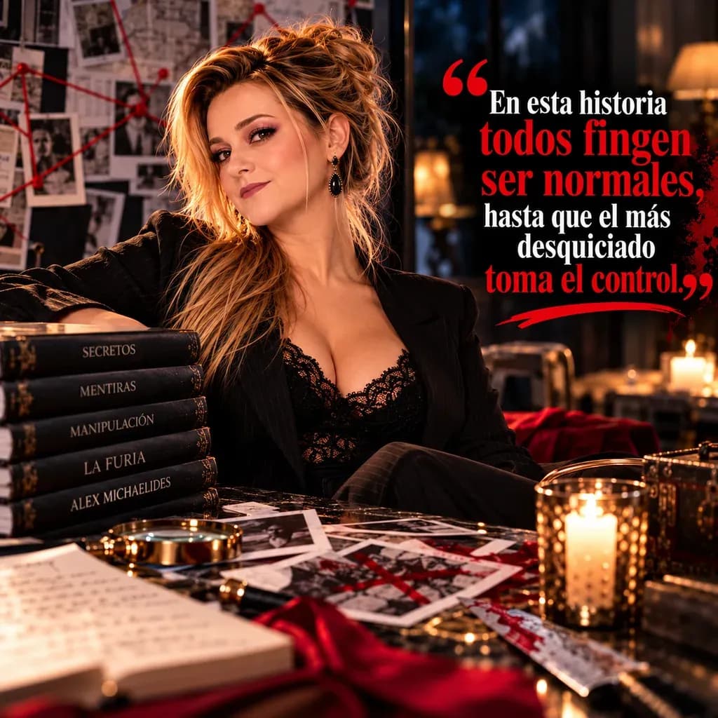Yenny Astrid Londoño con una chaqueta negra, entre fotografías y un cuaderno sobre una mesa de investigación, con un texto superpuesto en la imagen.