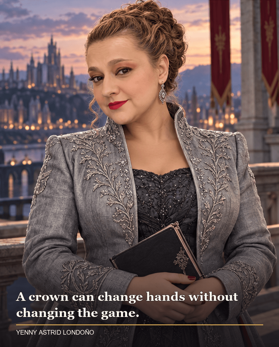 Image from Yenny Astrid Londoño’s review of “Red Queen”. Yenny in a silver-gray formal coat on a palace balcony at dusk, holding a notebook. Text: A crown can change hands without changing the game.