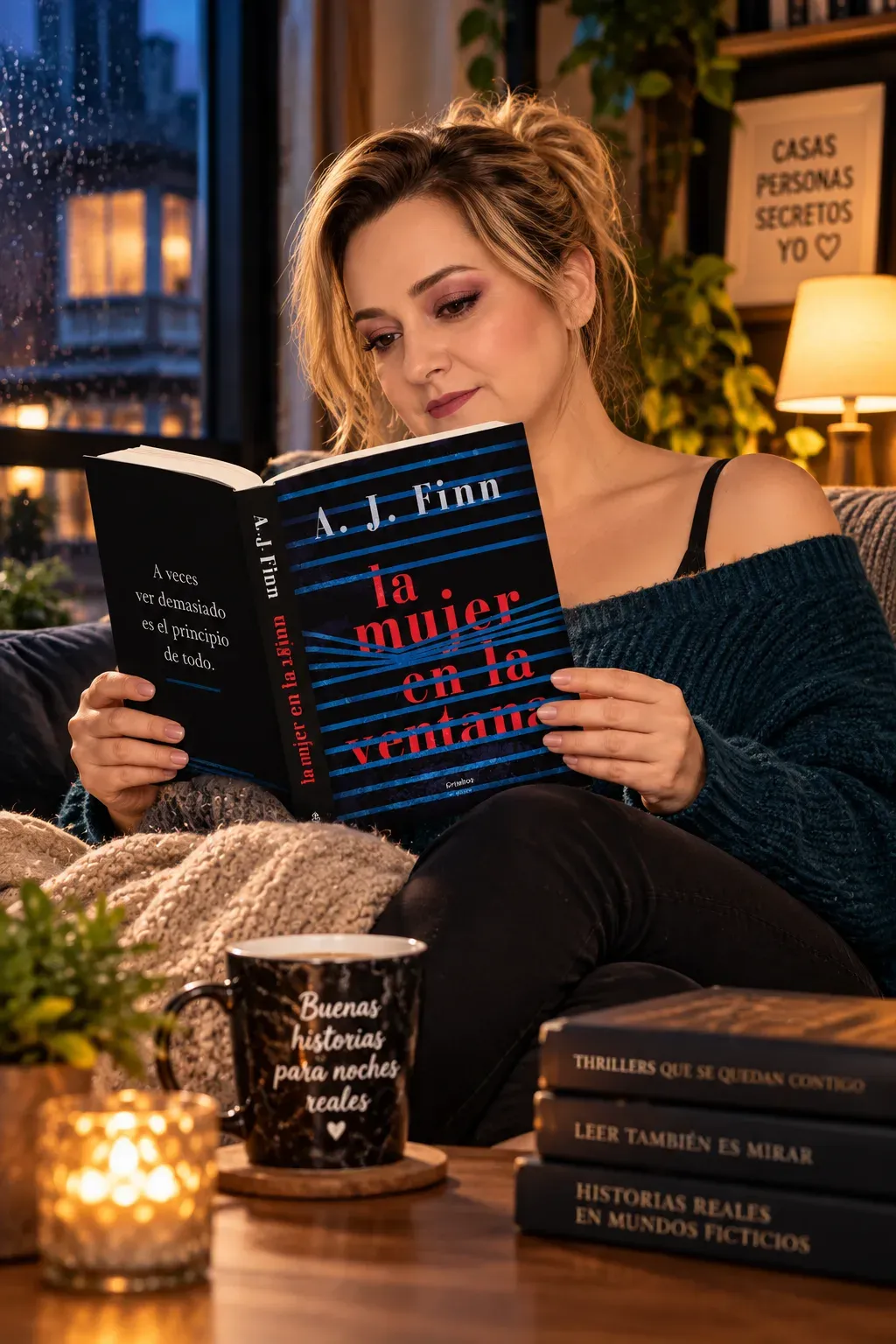 Yenny Astrid Londoño leyendo La mujer en la ventana, de A. J. Finn, junto a una ventana con lluvia, una taza y una vela.