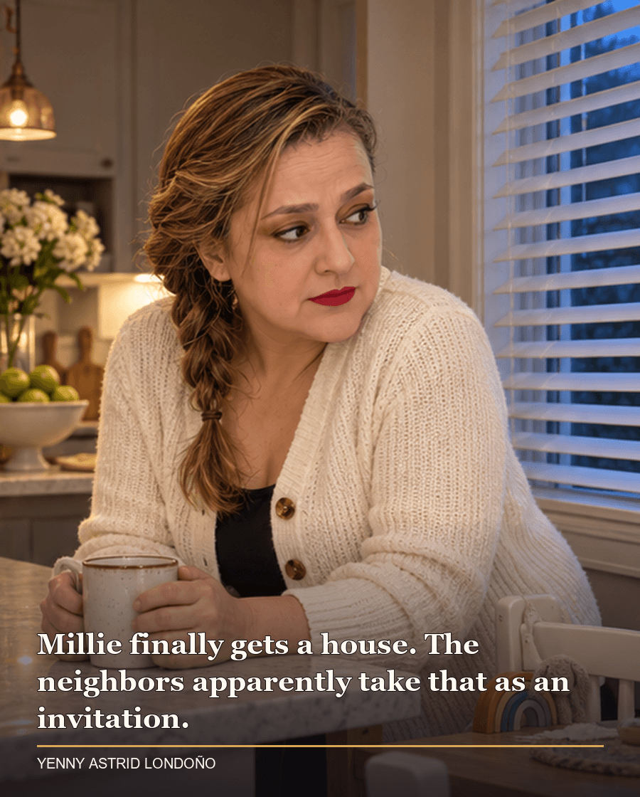 Image from Yenny Astrid Londoño’s review of “The Housemaid Is Watching”. Yenny watching a quiet suburban street at dusk from a porch. Text: Millie finally gets a house. The neighbors apparently take that as an invitation.