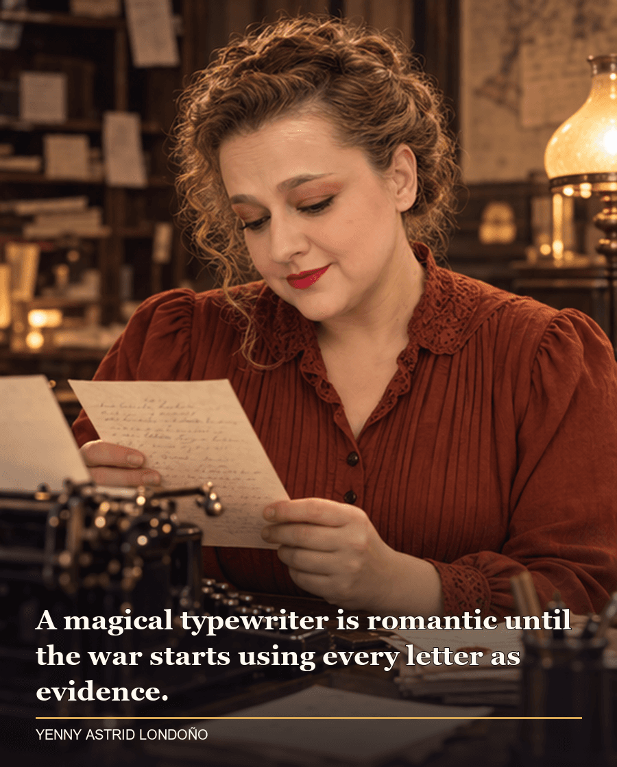 Image from Yenny Astrid Londoño’s review of “Ruthless Vows”. Yenny in a rust blouse reading a letter beside a vintage typewriter. Text: A magical typewriter is romantic until the war starts using every letter as evidence.