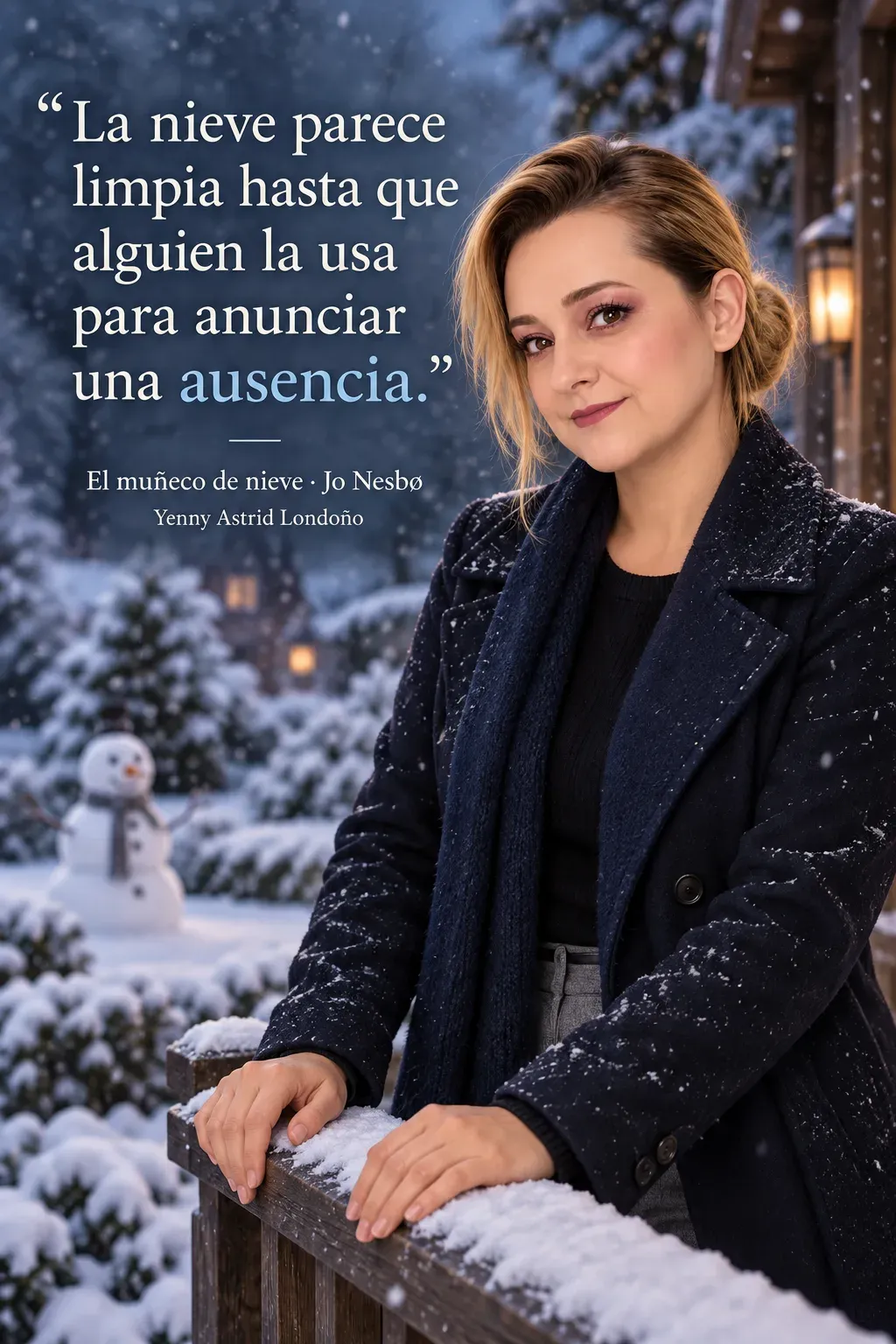 Yenny con abrigo azul marino apoyada en una baranda frente a un jardín con muñeco de nieve.