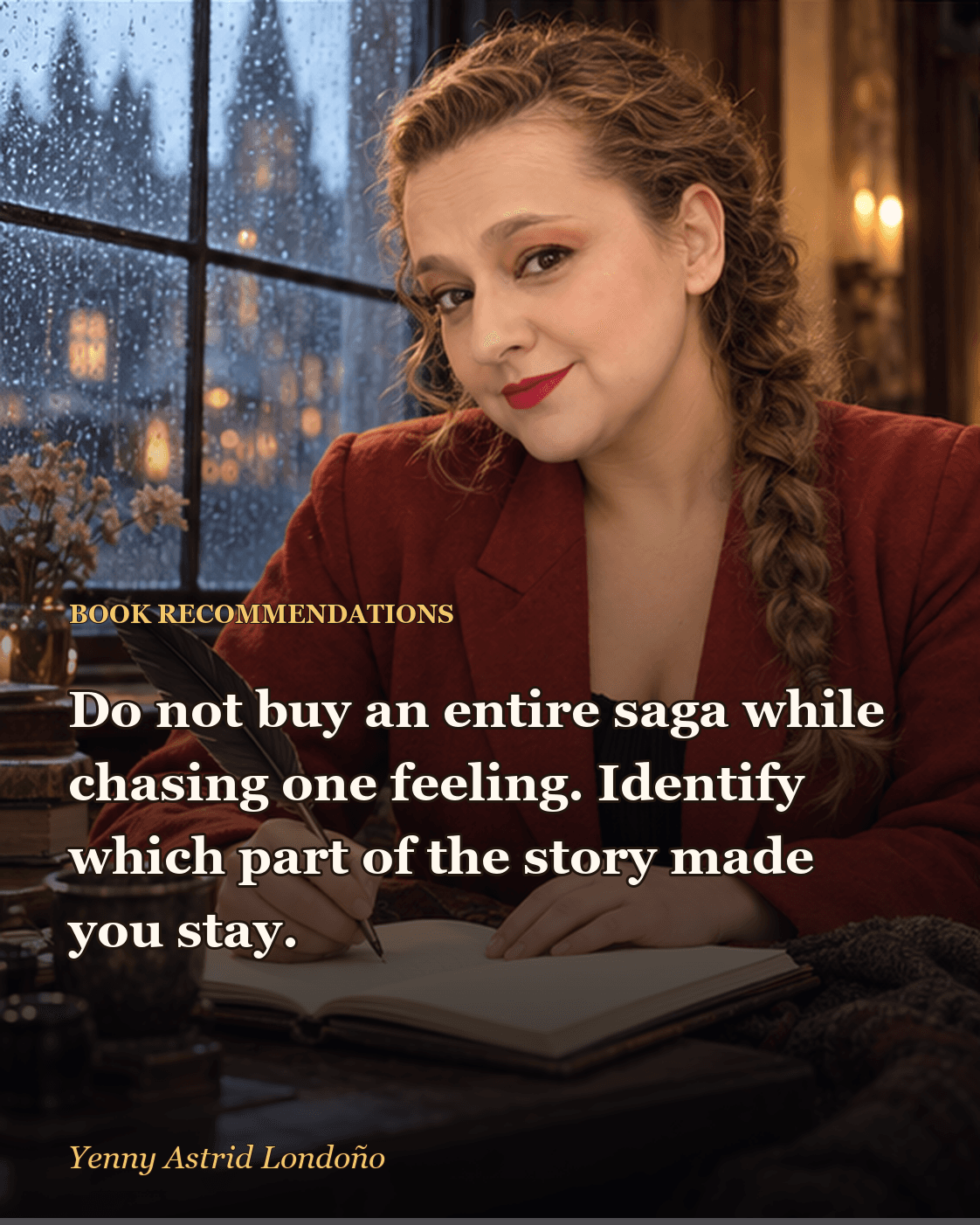 Image from “What to Read After *The Name of the Wind*: Eight Choices for Anyone Who Still Hears the Music,” written by Yenny Astrid Londoño. Yenny drawing a fantasy reading route in a notebook with colored tabs.