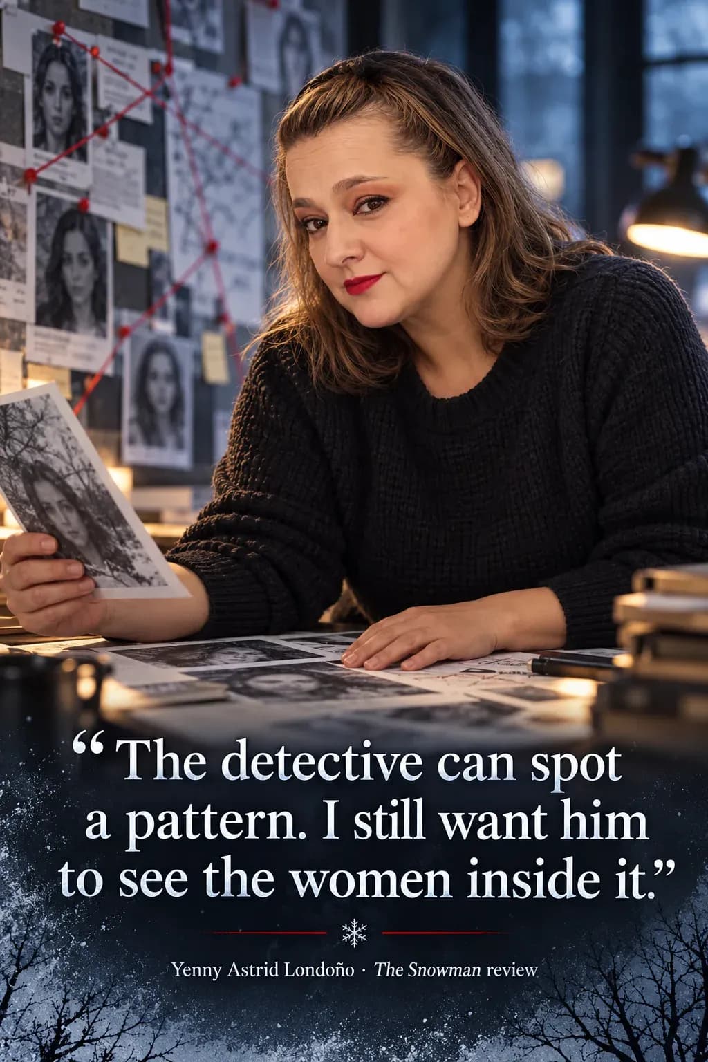 Image from Yenny Astrid Londoño’s review of “The Snowman”. Yenny in a dark sweater reviewing photographs on a crime board. Text: The detective can spot a pattern. I still want him to see the women inside it.