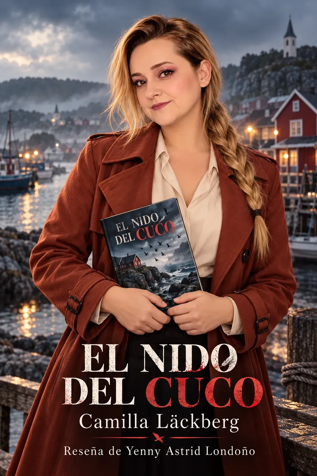Yenny con abrigo terracota y blusa crema en un puerto de fiordo, sosteniendo un libro de cubierta artística.