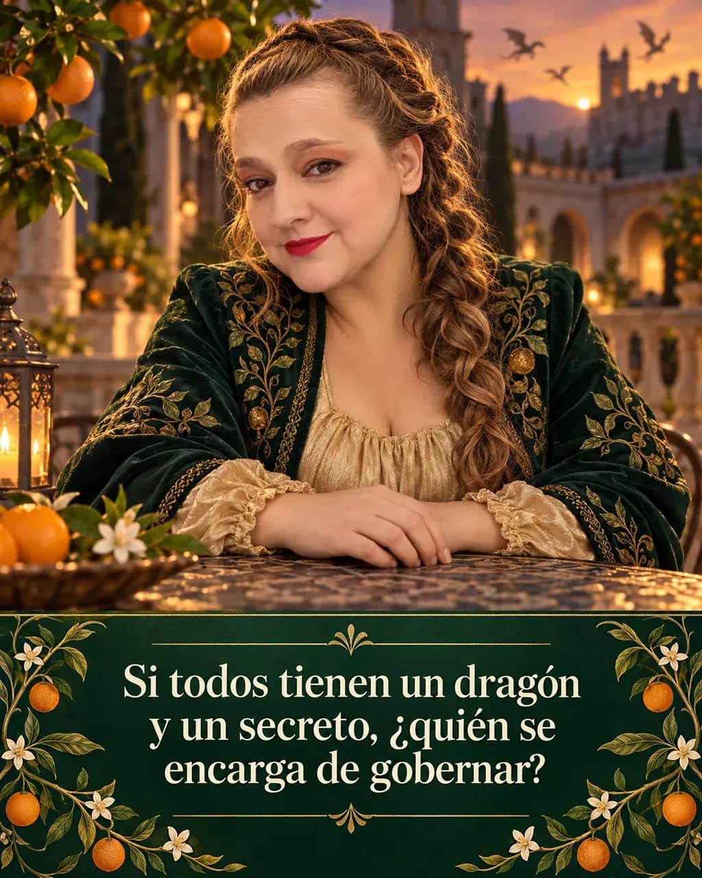 Imagen de la reseña del libro «El priorato del naranjo», escrita por Yenny Astrid Londoño. Ilustración de El priorato del naranjo, de Samantha Shannon, con un texto superpuesto: «Si todos tienen un dragón y un secreto, ¿quién se encarga de gobernar?».