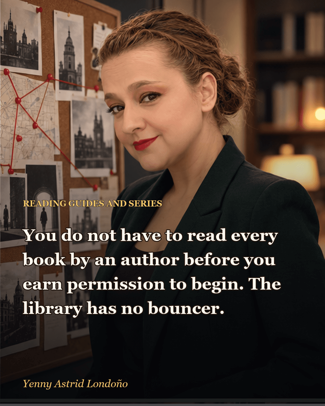 Image from “Best Juan Gómez-Jurado Books: Where to Start Without Getting Tangled in the Series,” written by Yenny Astrid Londoño. Yenny checking a clue board while tracing the Red Queen trilogy in order.