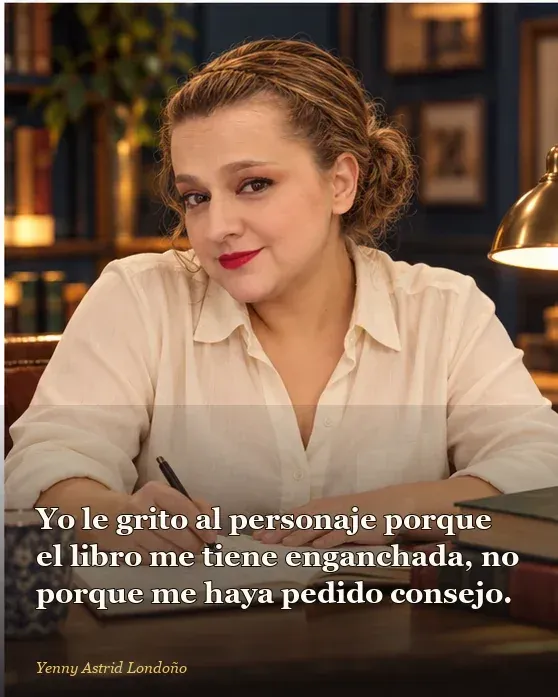 Imagen del artículo «Protagonistas literarios que dan ganas de sacudirlos, aunque uno entiende por qué no se van», escrito por Yenny Astrid Londoño. Yenny con camisa clara y un libro abierto, anotando en una libreta qué necesita salvar el personaje con su decisión.